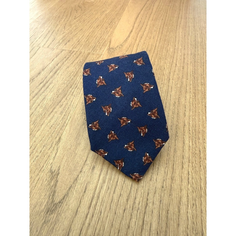 Polo Ralph Lauren Navy Blue 100% Wool Fox Head Tie Made in Italy Hand Made